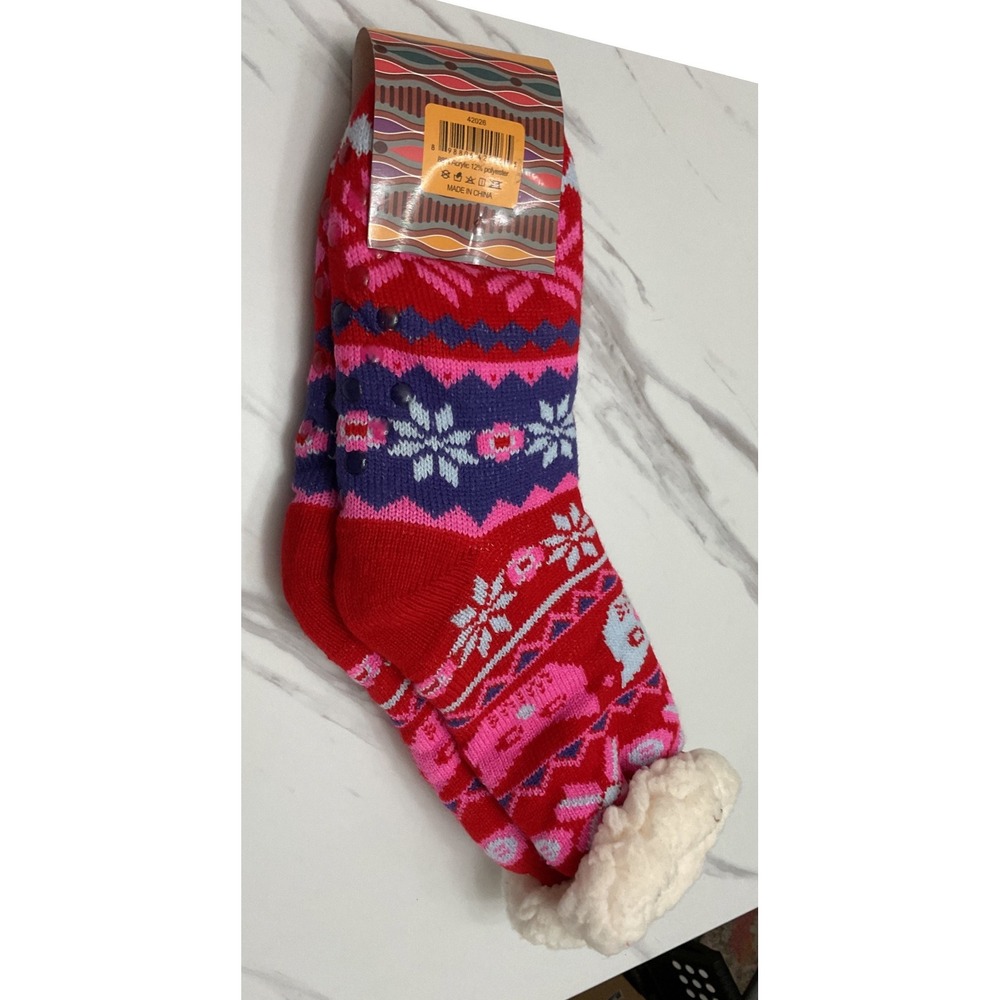 Sole Trends Red Fair Isle Sherpa Lined Floor Socks Non-Slip Slipper Socks 9-11 - Picture 4 of 5